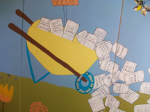 Wheelbarrow with "seed packets" spilling out with names of program providers on them