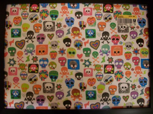 A pattern from skulls on a portable lap table