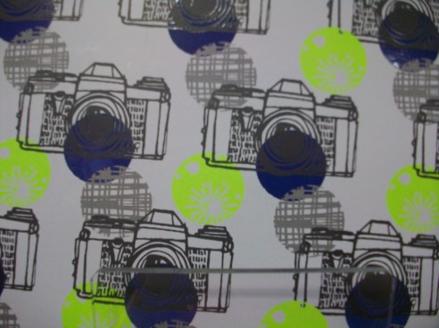 A pocket folder with camera pattern